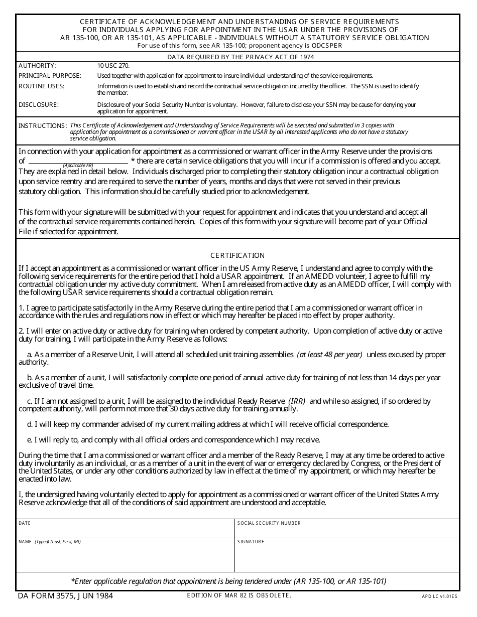 DA Form 3575 Certificate of Acknowledgement and Understanding of Service Requirements for Individuals Applying for Appointment in the USAR Under the Provisions of Ar 135-100 or Ar 135-101, as Applicable - Individuals Without a Statutory Service Obligation, Page 1