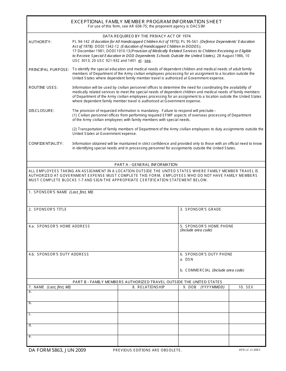 DA Form 5863 Exceptional Family Member Program Information Sheet, Page 1