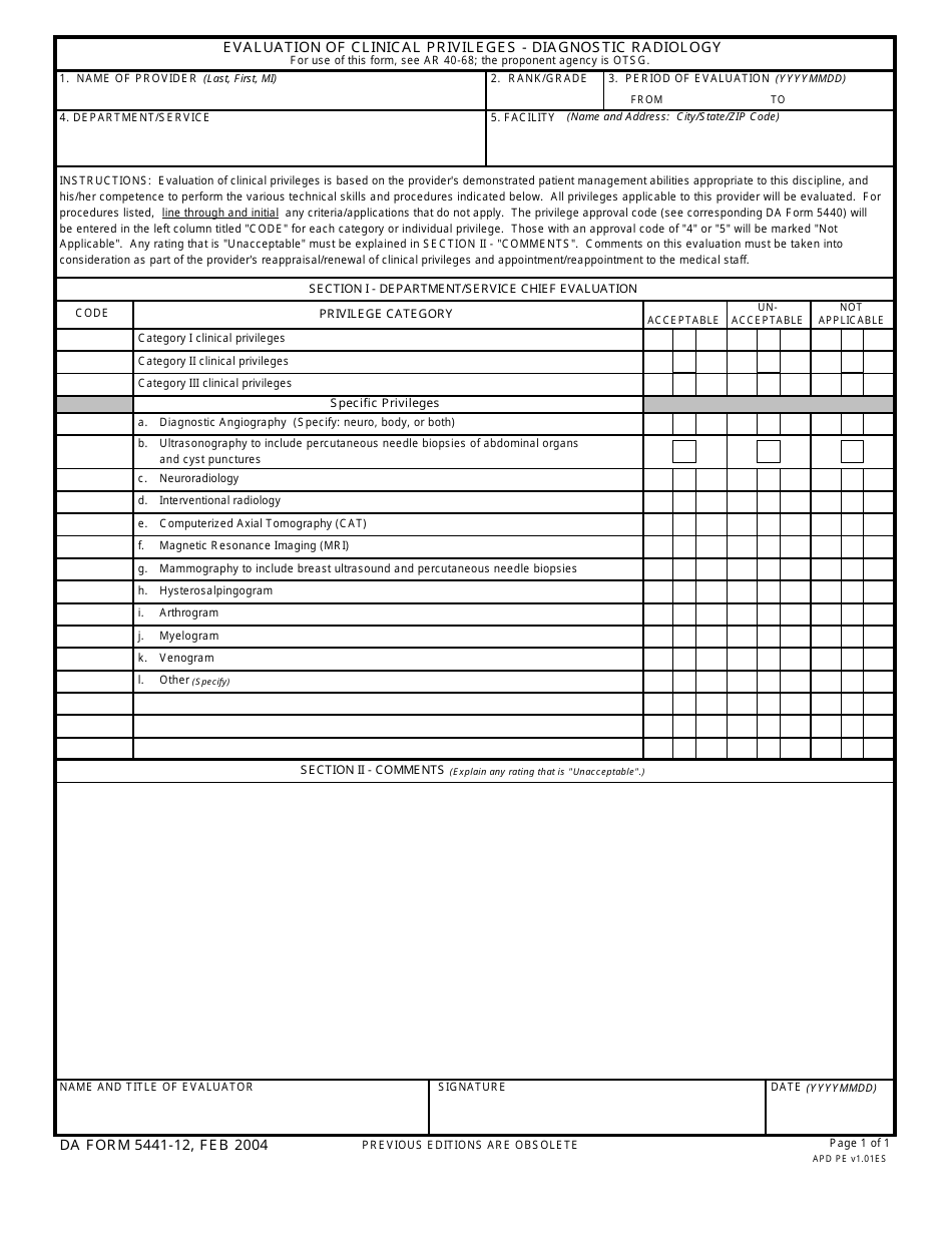DA Form 5441-12 Evaluation of Clinical Privileges - Diagnostic Radiology, Page 1