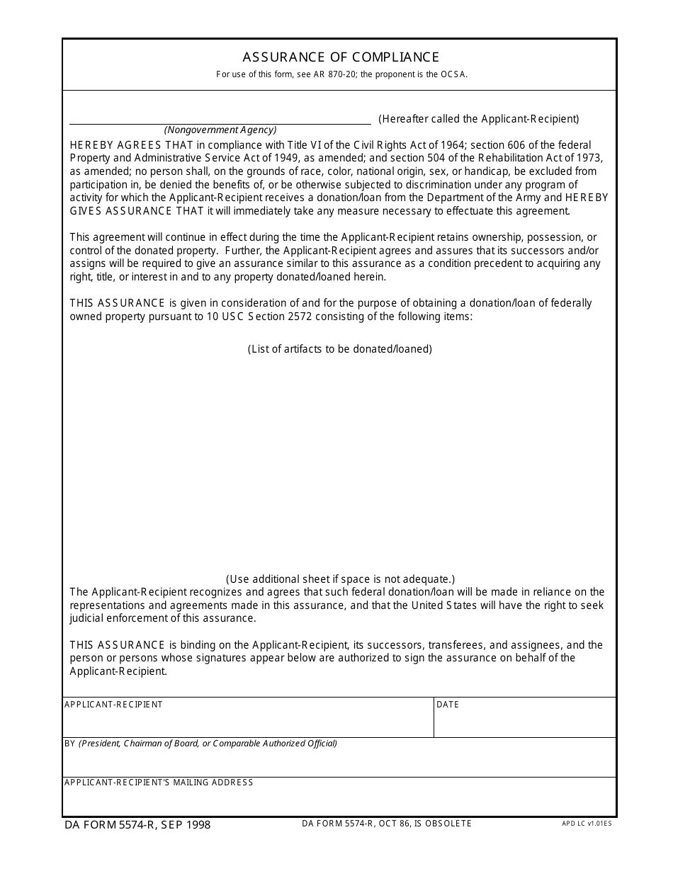 DA Form 5574-r Assurance of Compliance, Page 1