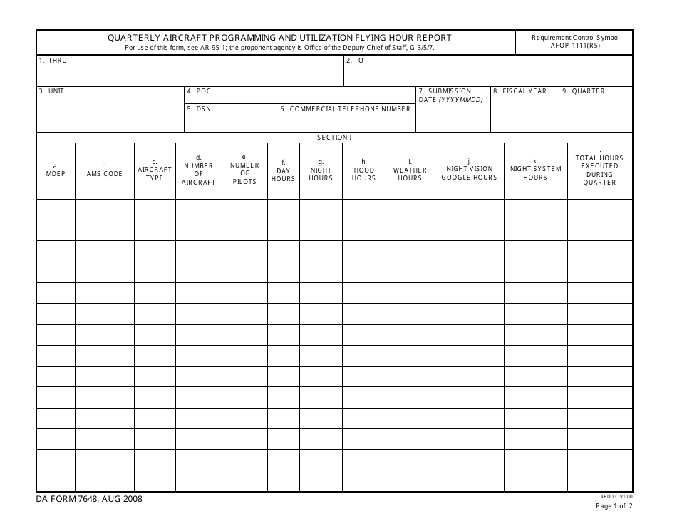 DA Form 7648 Quarterly Aircraft Programming and Utilization Flying Hour Report, Page 1