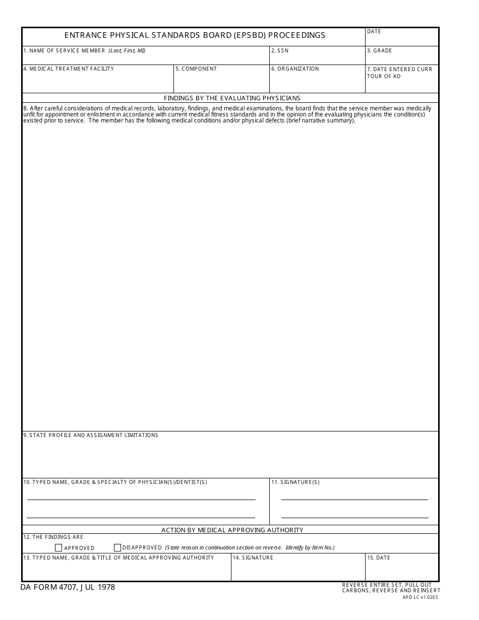 DA Form 4707 Entrance Physical Standards Board (Epsbd) Proceedings, Page 1