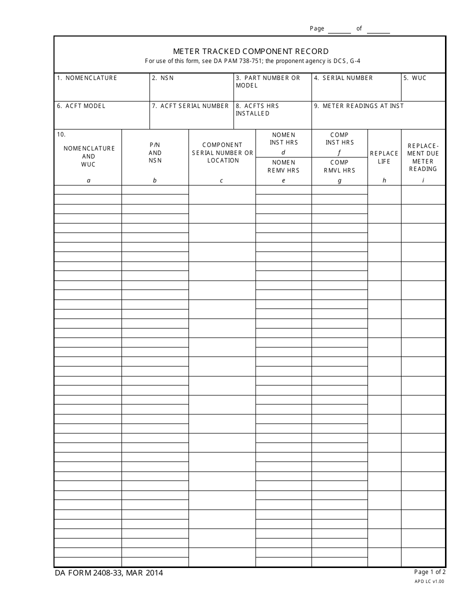 DA Form 2408-33 Meter Tracked Component Record, Page 1