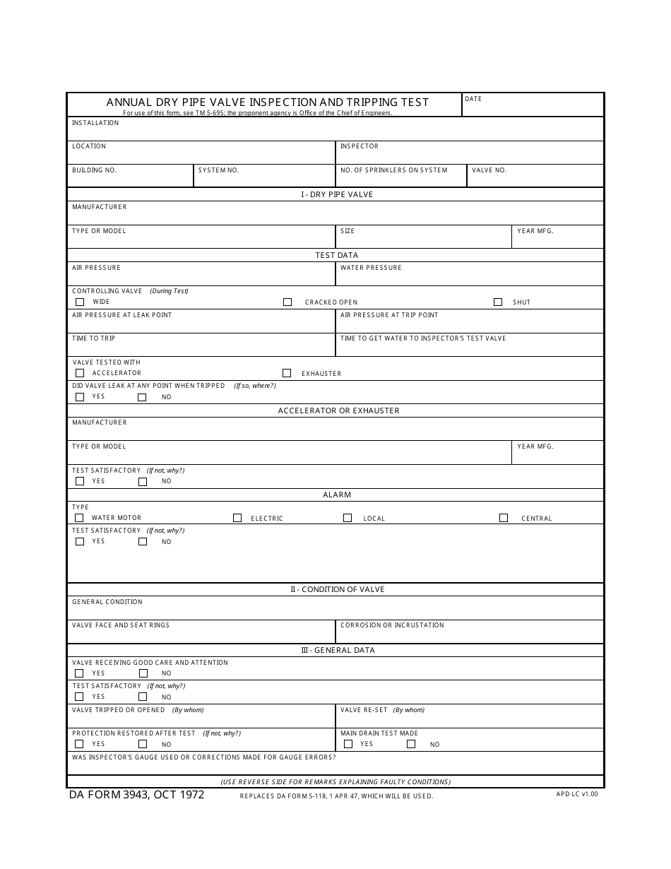 DA Form 3943 Annual Dry Pipe Valve Inspection and Tripping Test, Page 1