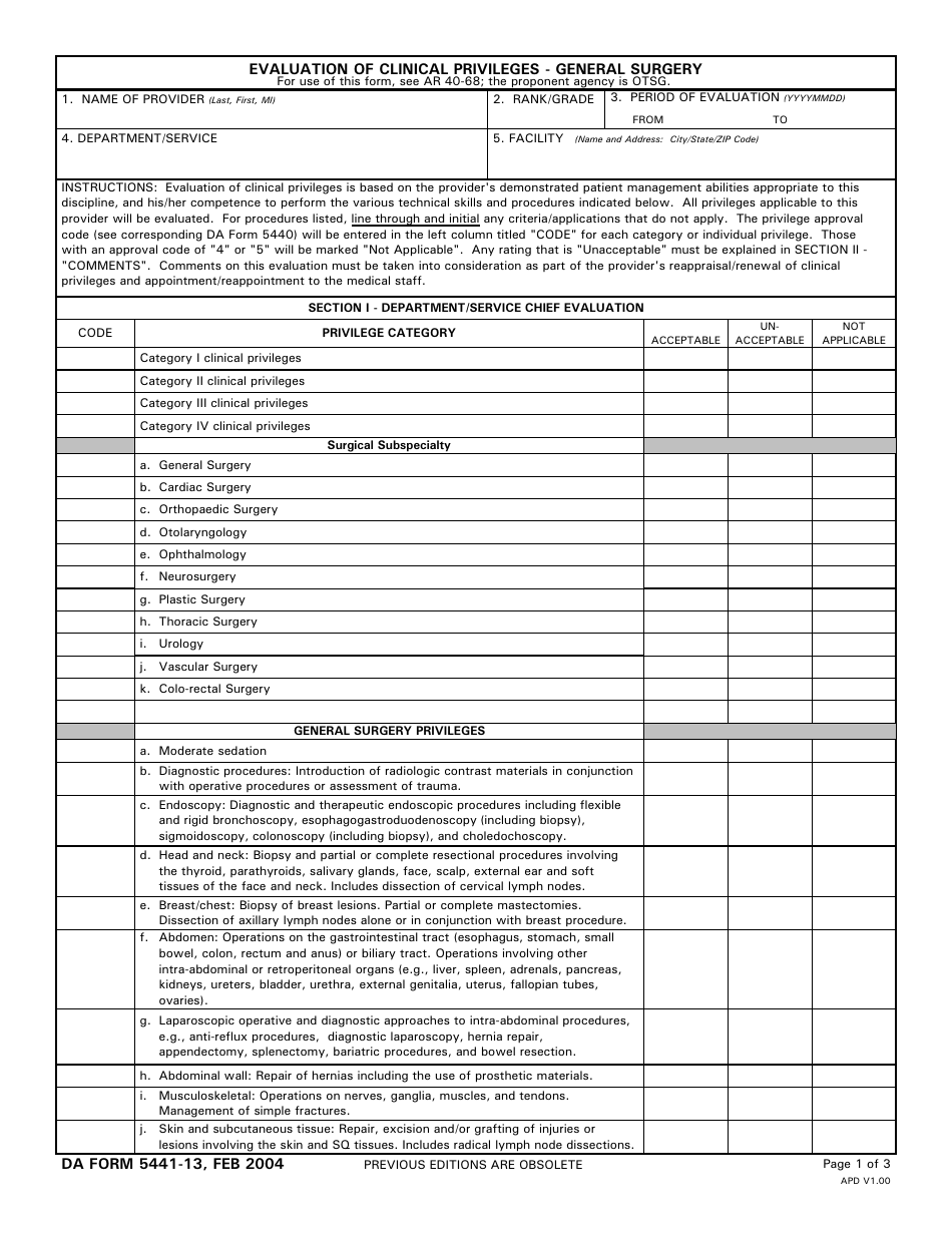 DA Form 5441-13 Evaluation of Clinical Privileges - General Surgery, Page 1