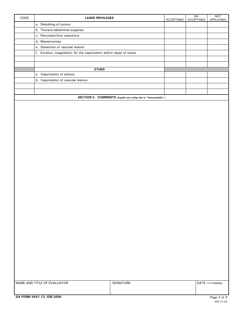 DA Form 5441-13 Evaluation of Clinical Privileges - General Surgery, Page 3