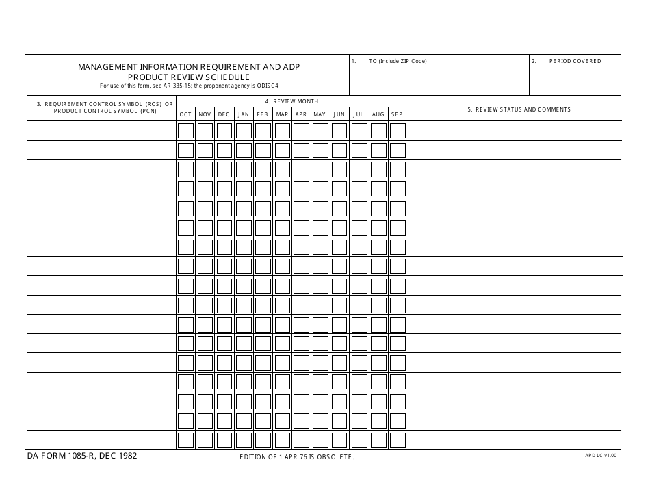 DA Form 1085-r Management Information Requirements and Adp Product Review Schedule, Page 1