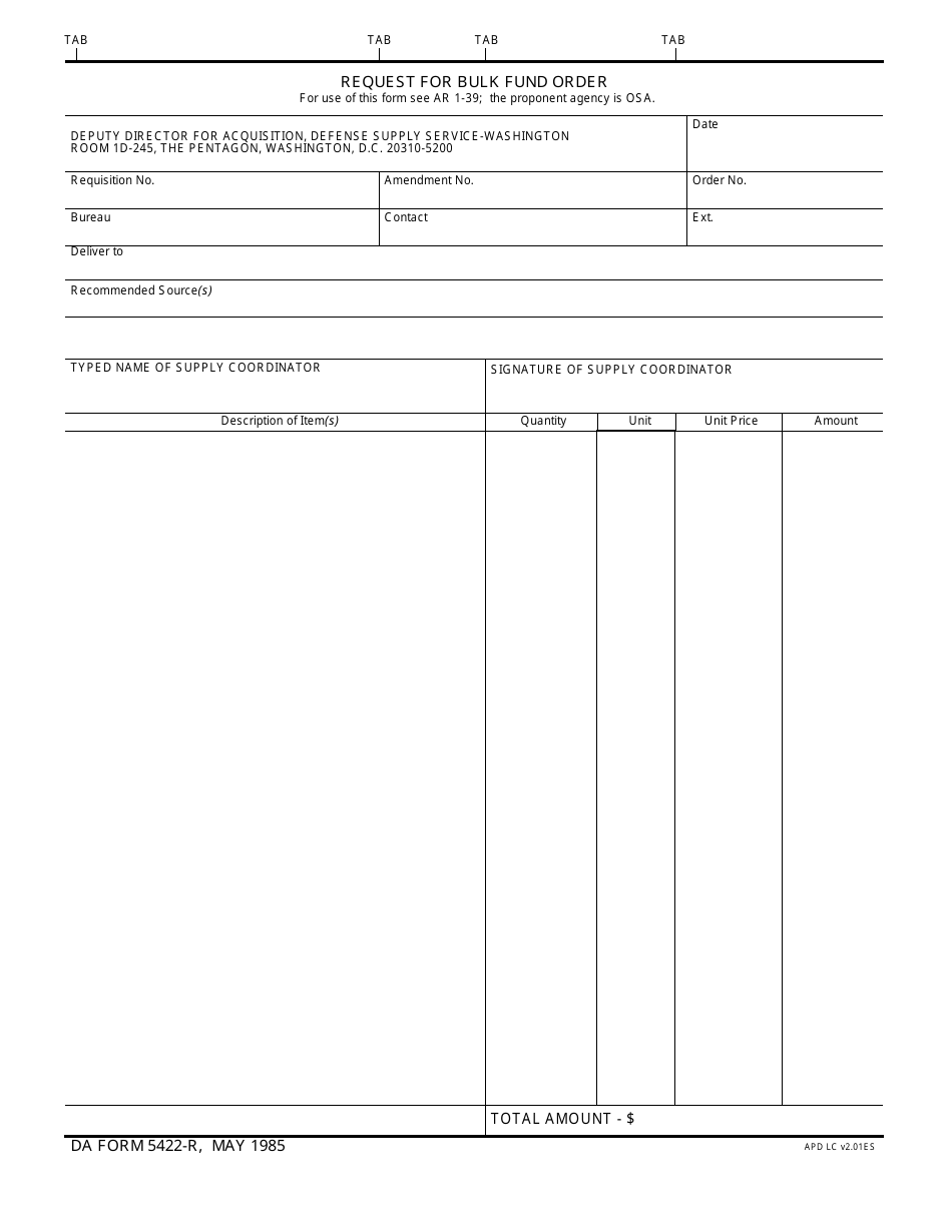DA Form 5422-r Request for Bulk Fund Order, Page 1