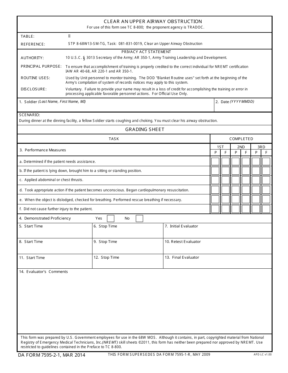 DA Form 7595-2-1 Clear an Upper Airway Obstruction, Page 1