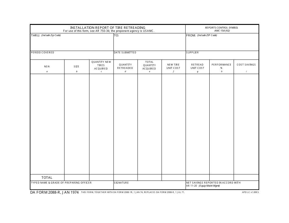 DA Form 2088-r Installation Report of Tire Retreading, Page 1
