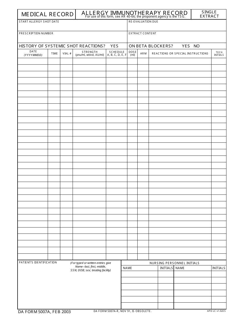DA Form 5007a Medical Record - Allergy Immunotherapy Record (Single Extract), Page 1