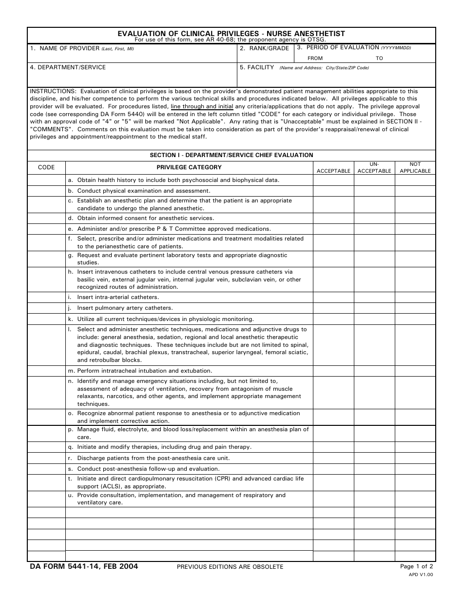 DA Form 5441-14 Evaluation of Clinical Privileges - Nurse Anesthetist, Page 1