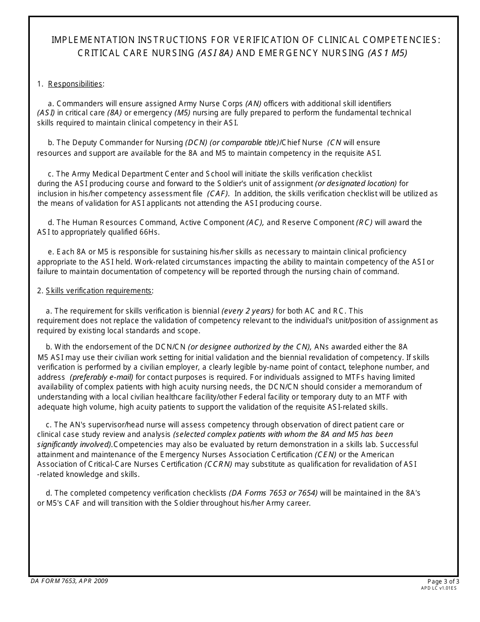DA Form 7653 Verification of Clinical Competencies for Critical Care Nursing Skill Identifier (Si 8a), Page 3