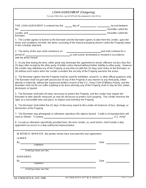 DA Form 5575-r Loan Agreement (Outgoing)