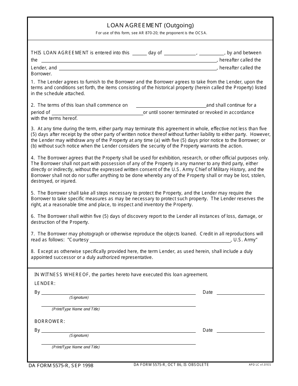 DA Form 5575-r Loan Agreement (Outgoing), Page 1