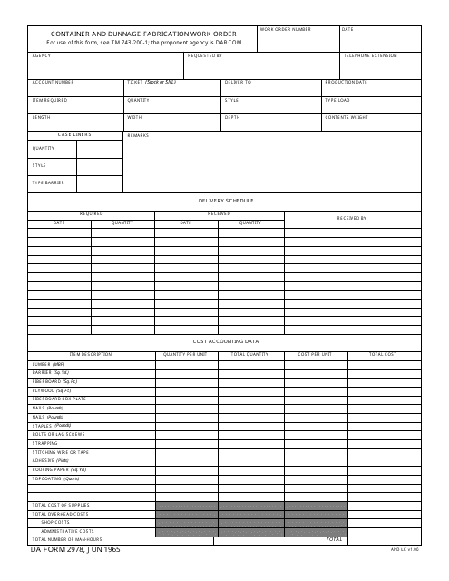 DA Form 2978 Container and Dunnage Fabrication Work Order