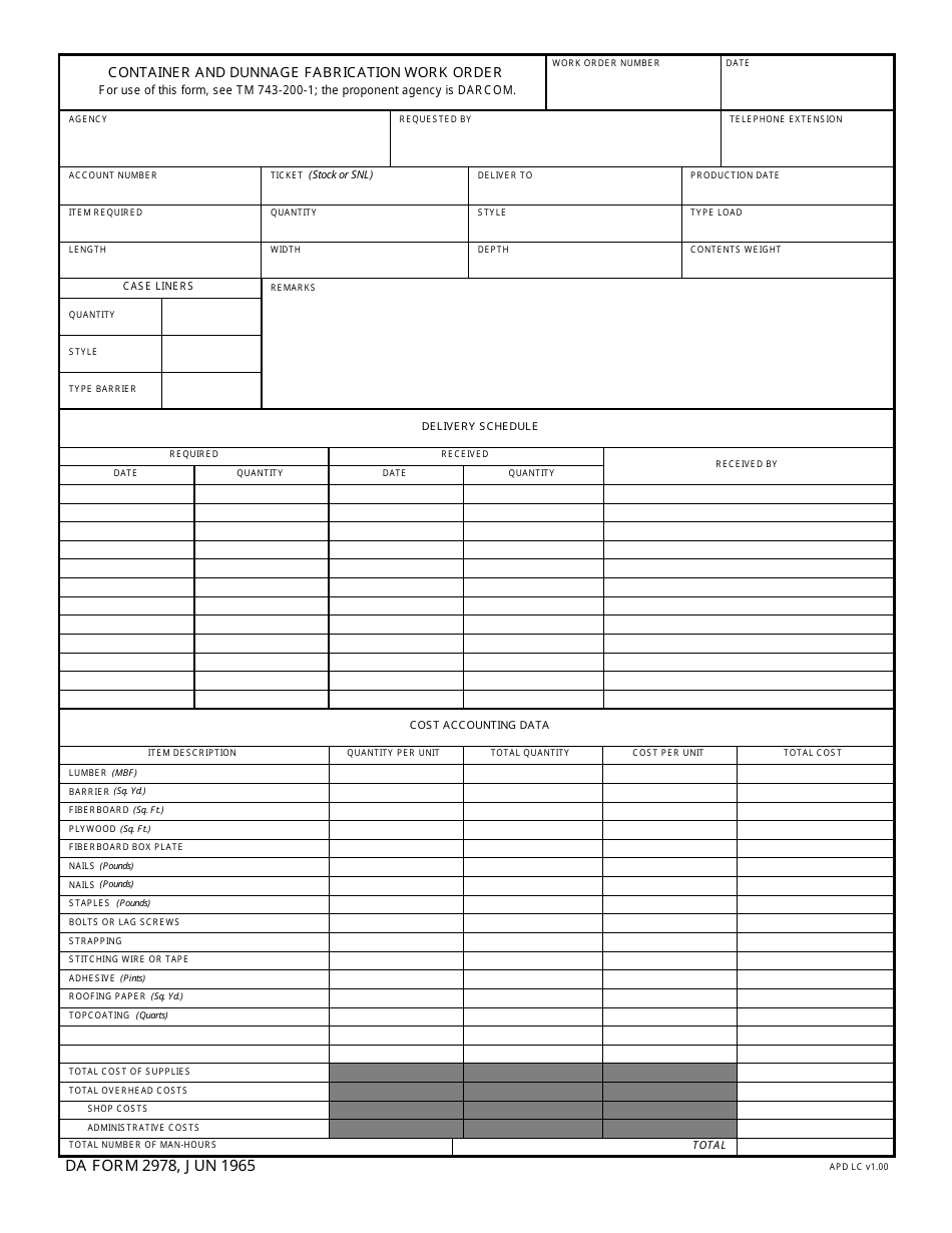 DA Form 2978 Container and Dunnage Fabrication Work Order, Page 1