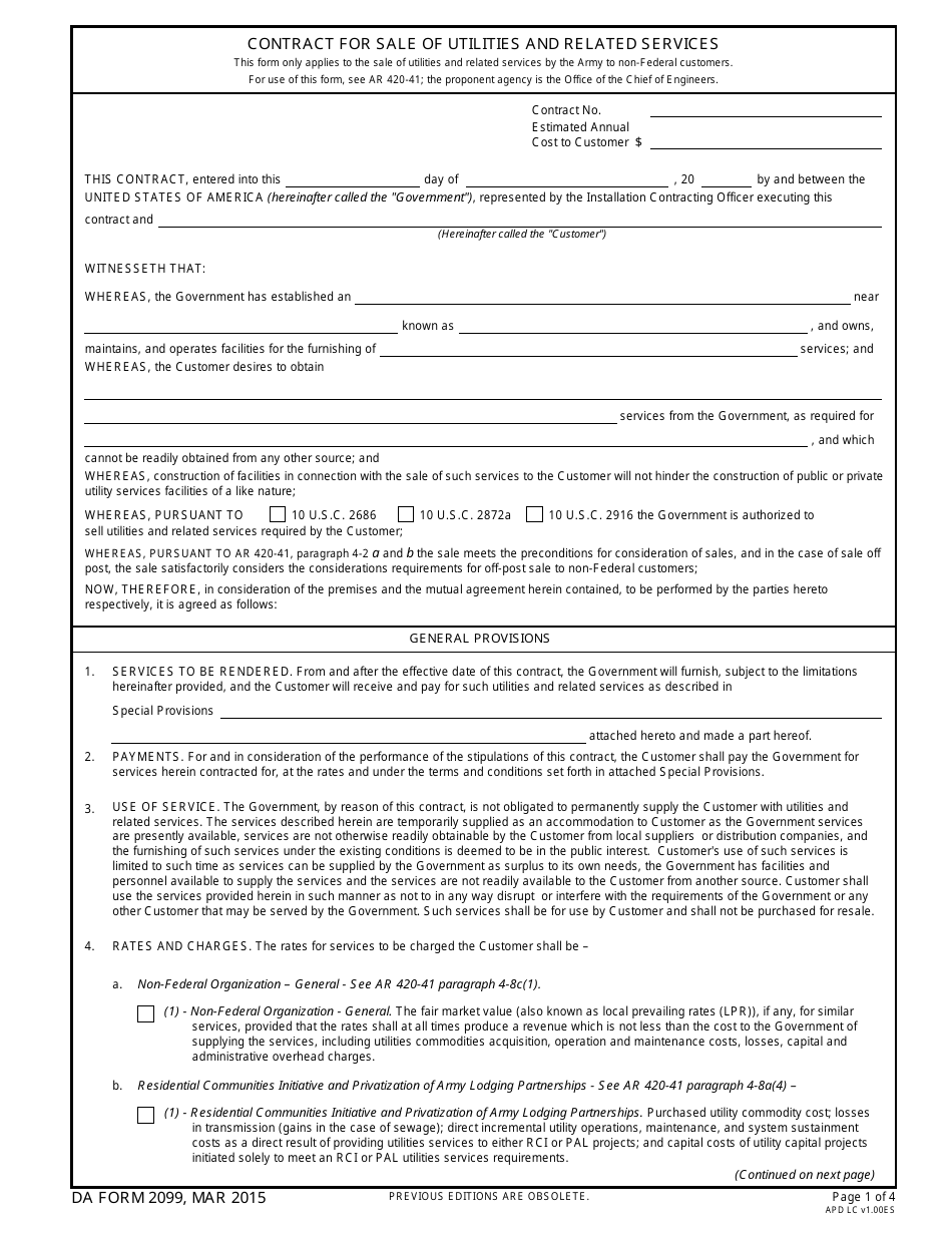 DA Form 2099 Contract for Sale of Utilities and Related Services, Page 1
