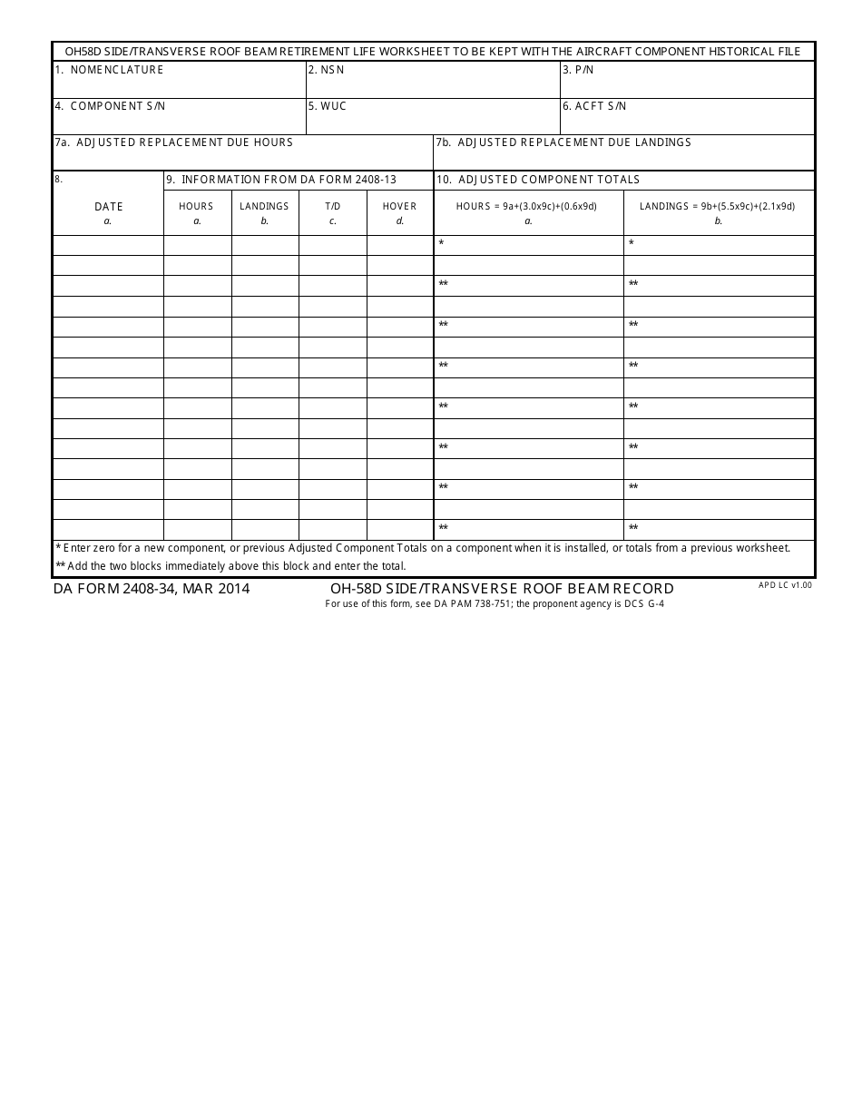 DA Form 2408-34 Oh-58d Side / Transverse Roof Beam Record, Page 1