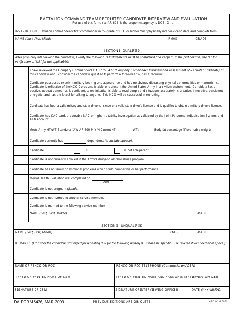 DA Form 5426  Printable Pdf