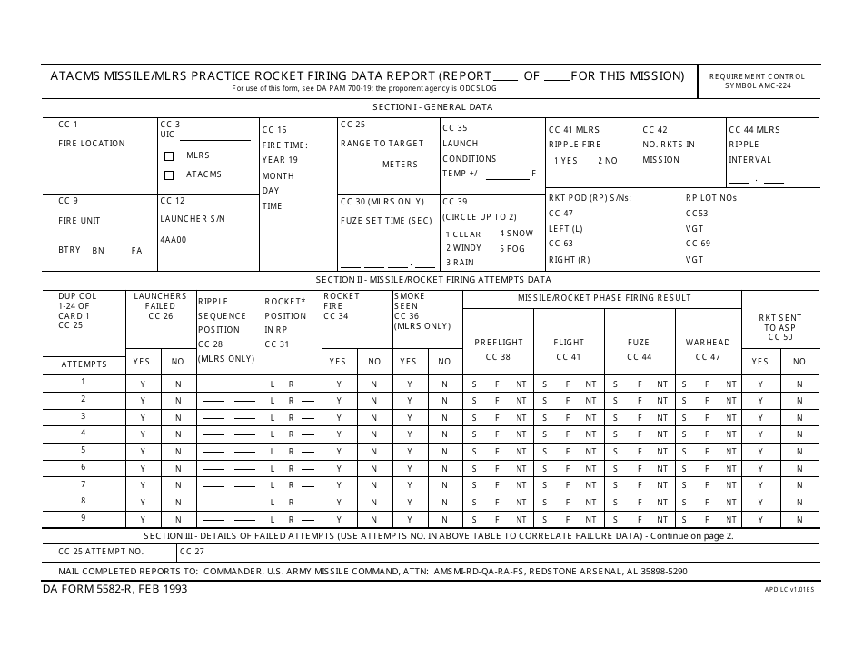DA Form 5582 Atacms Missile / Mlrs Practice Rocket Firing Data Report, Page 1