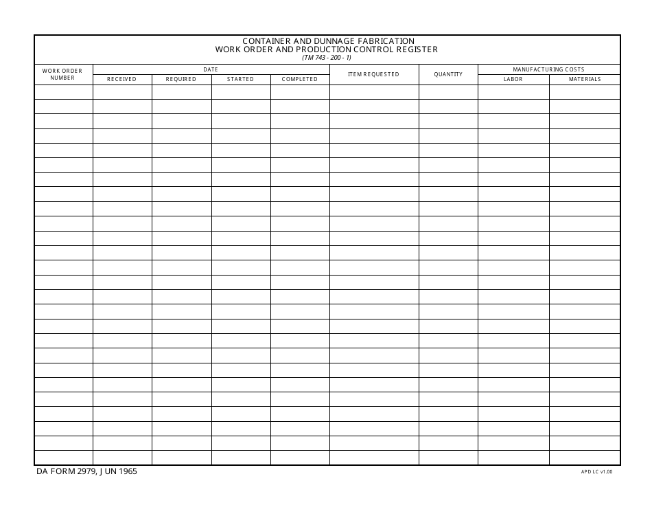 DA Form 2979 Container and Dunnage Fabrication Work Order and Production Control Register, Page 1