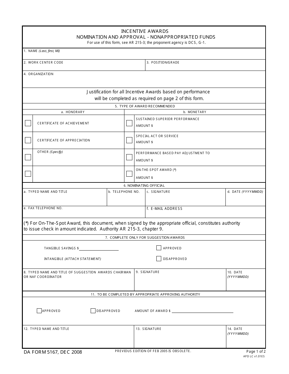 DA Form 5167 Fill Out, Sign Online and Download Fillable PDF