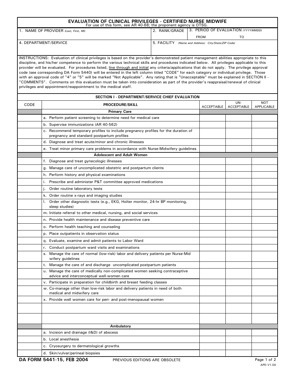 DA Form 5441-15 Evaluation of Clinical Privileges - Certified Nurse Midwife, Page 1