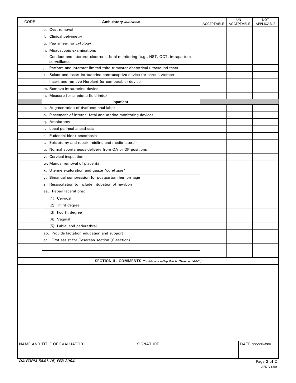 DA Form 5441-15 Evaluation of Clinical Privileges - Certified Nurse Midwife, Page 2