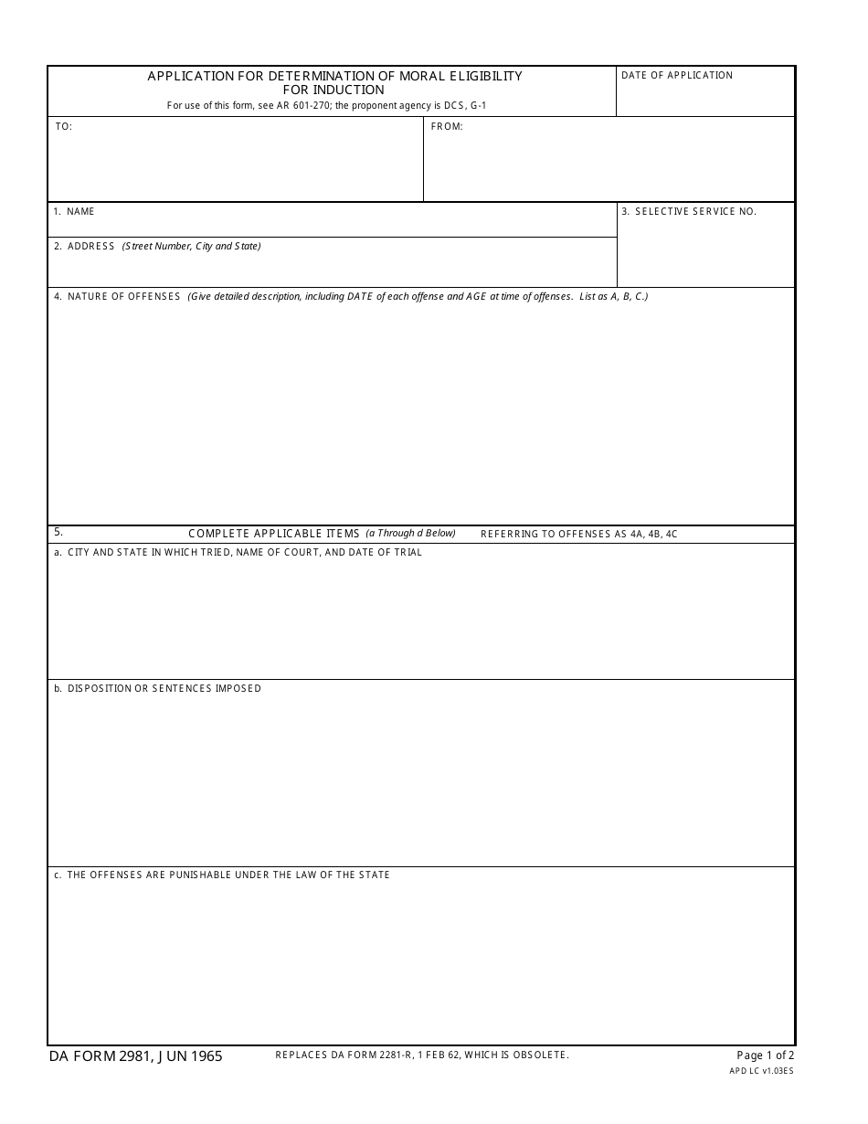 DA Form 2981 Application for Determination of Moral Eligibility for Induction, Page 1
