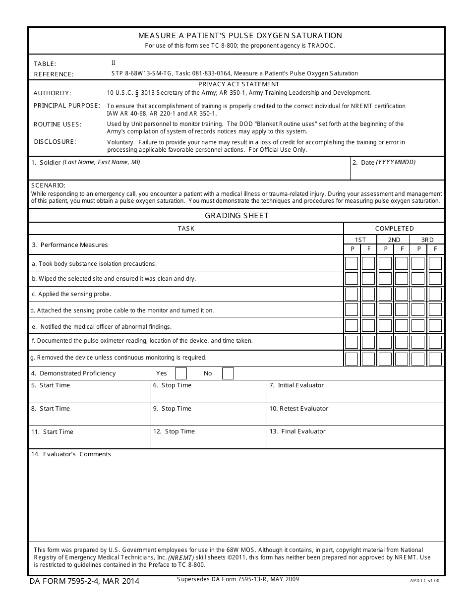 DA Form 7595-2-4 Measure a Patient's Pulse Oxygen Saturation, Page 1