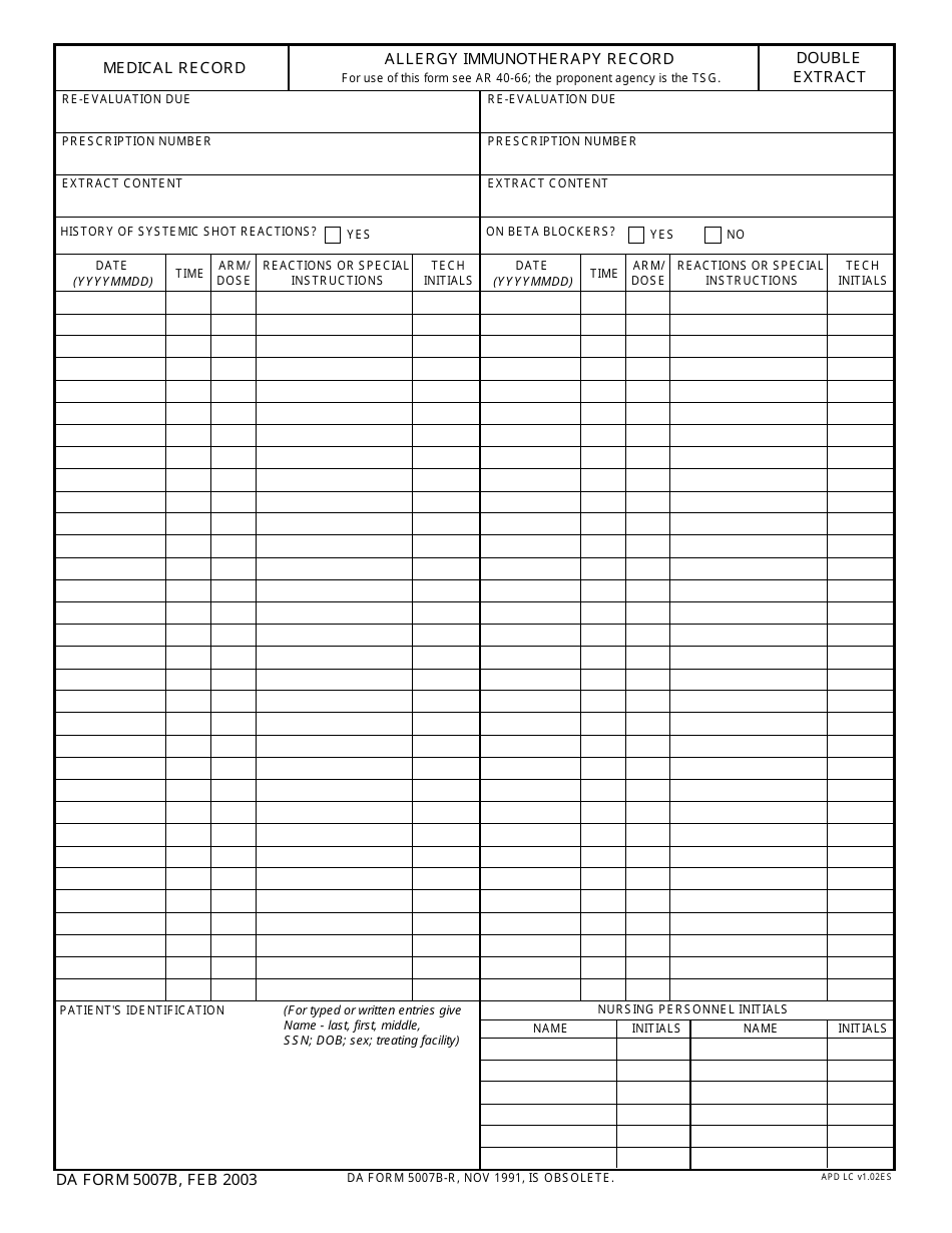 DA Form 5007b Medical Record - Allergy Immunotherapy Record, Page 1