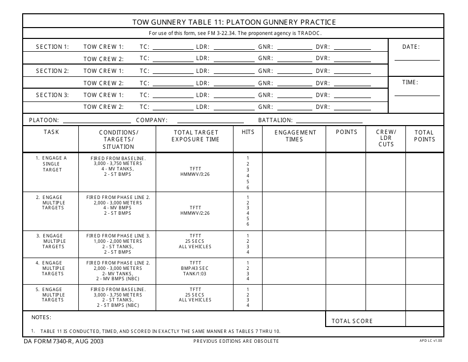 DA Form 7340-r Tow Gunnery Table 11: Platoon Gunnery Practice, Page 1