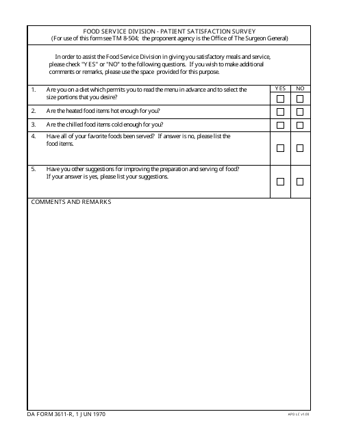 DA Form 3611-r Food Service Division-Patient Satisfaction Survey (LRA)