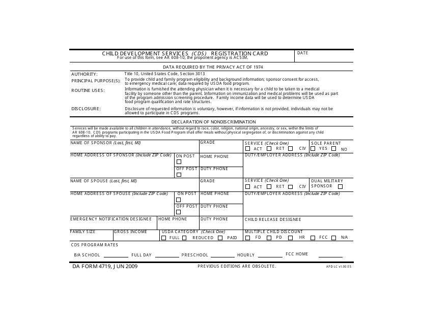 DA Form 4719  Printable Pdf
