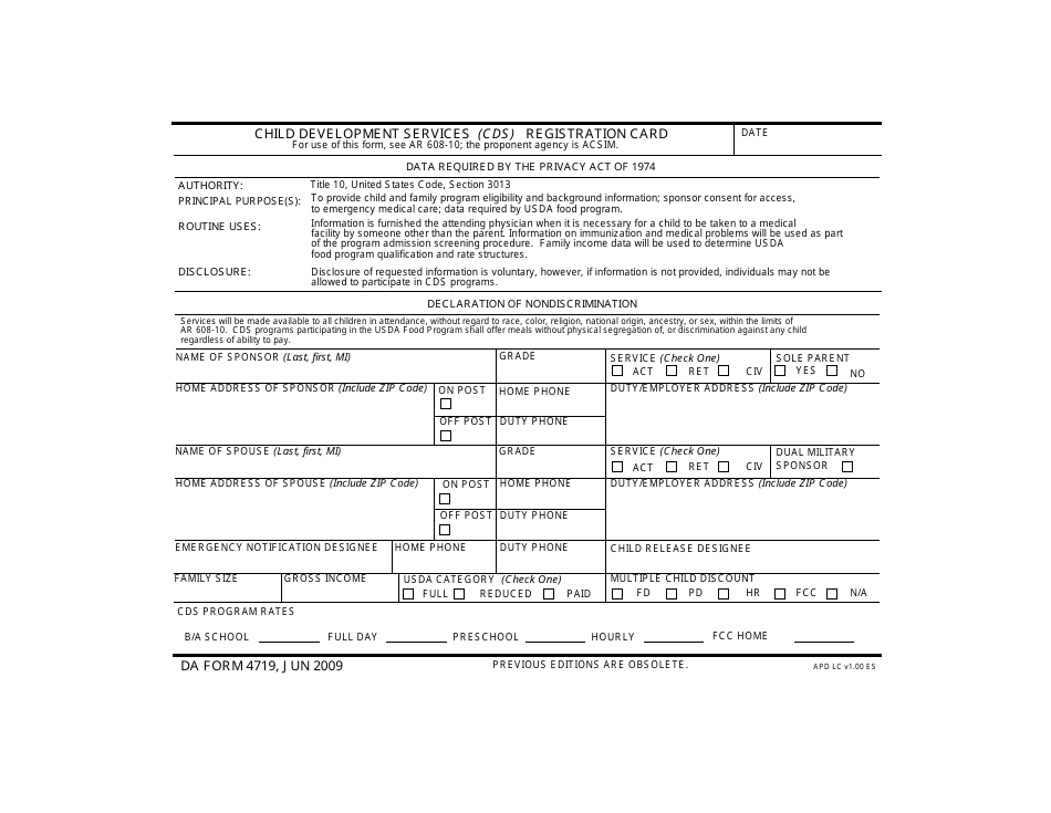 DA Form 4719 Child Development Services (Cds) Registration Card, Page 1