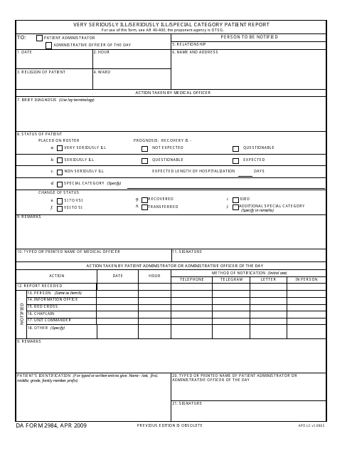 DA Form 2984 Very Seriously Ill/Seriously Ill/Special Category Patient Report