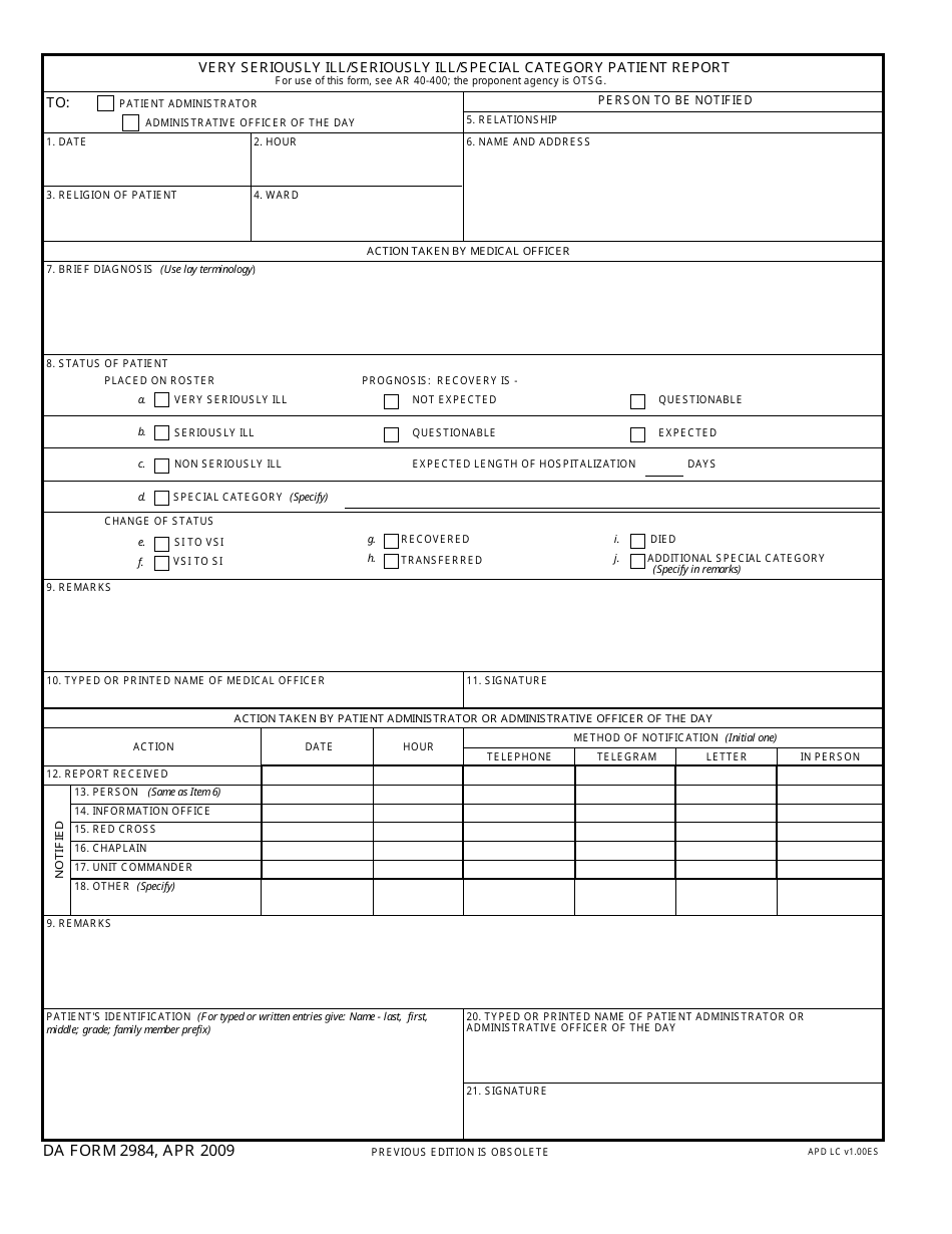 DA Form 2984 Very Seriously Ill / Seriously Ill / Special Category Patient Report, Page 1