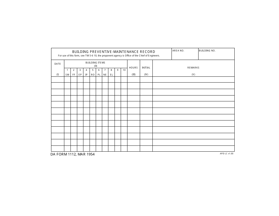 DA Form 1112 Building Preventive Maintenance Record, Page 1