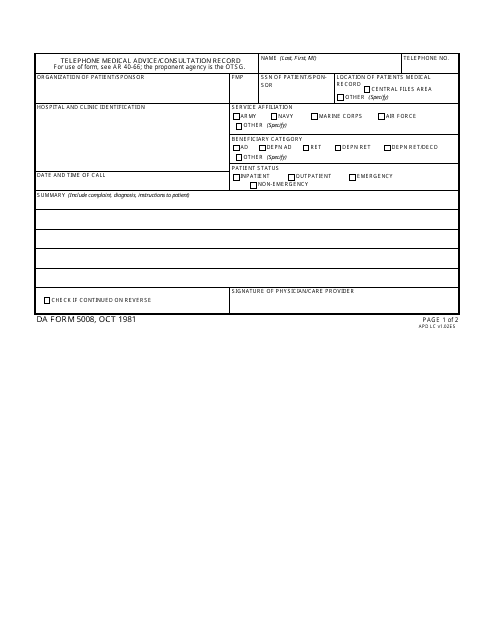 DA Form 5008  Printable Pdf