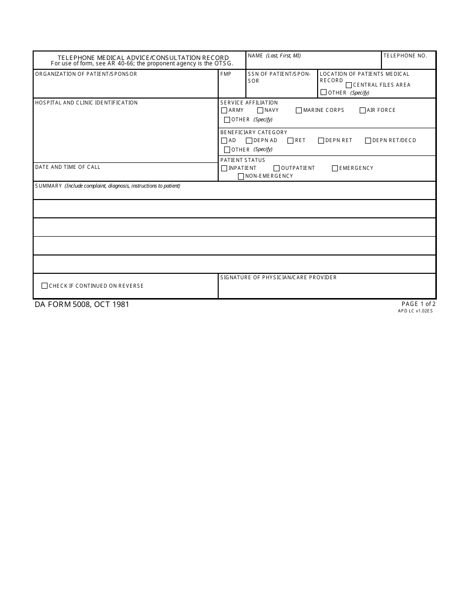 DA Form 5008 - Fill Out, Sign Online and Download Fillable PDF ...