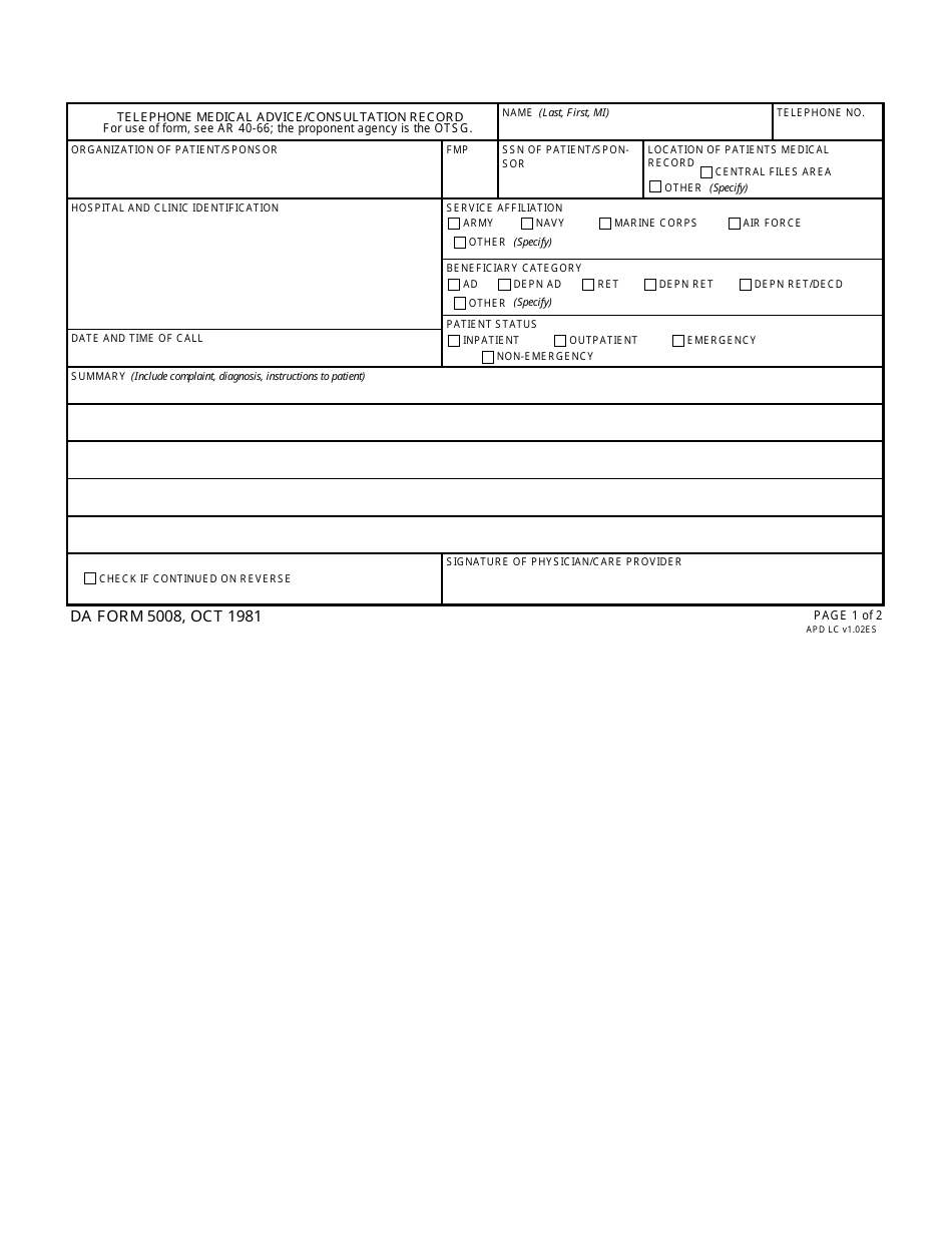 DA Form 5008 Telephone Medical Advice / Consultation Record, Page 1