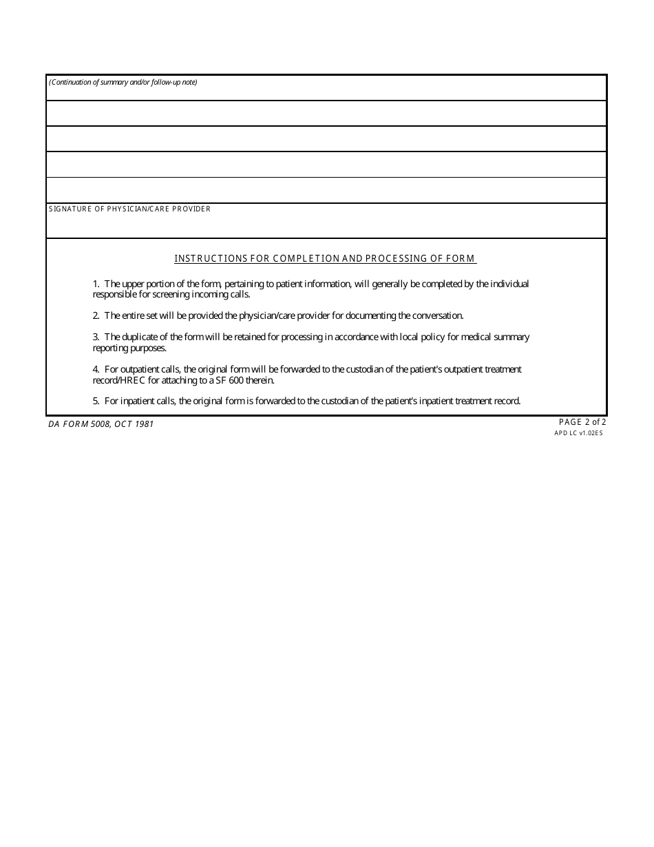 DA Form 5008 Telephone Medical Advice / Consultation Record, Page 2
