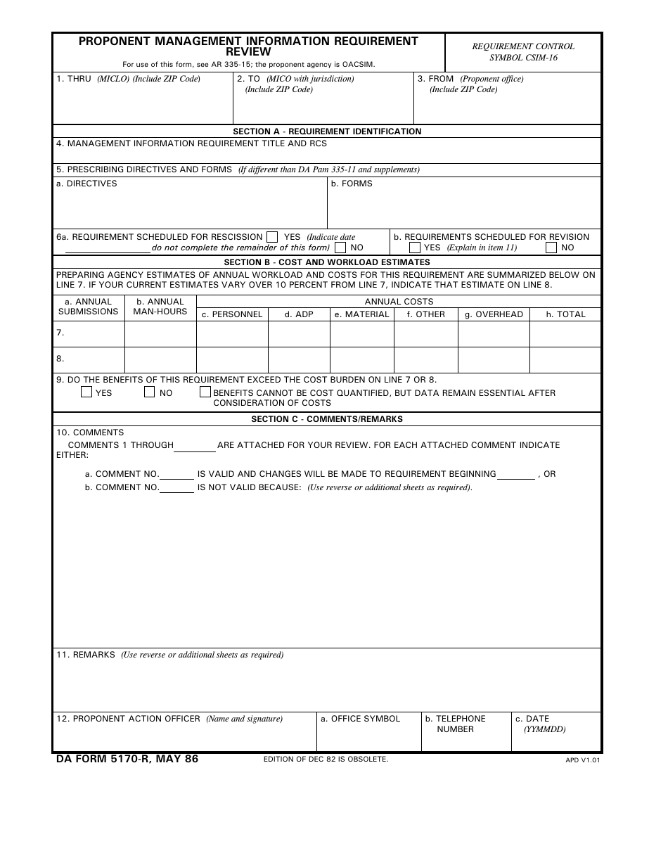 DA Form 5170-r Proponent Management Information Requirement Review, Page 1