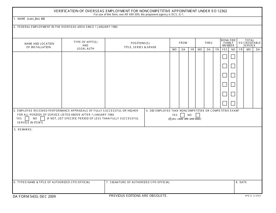 DA Form 5433 - Fill Out, Sign Online and Download Fillable PDF ...