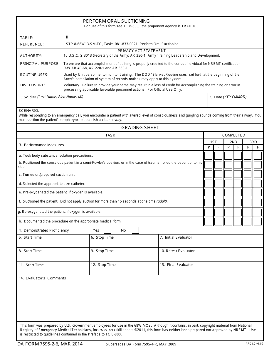 DA Form 7595-2-6 Perform Oral Suctioning, Page 1
