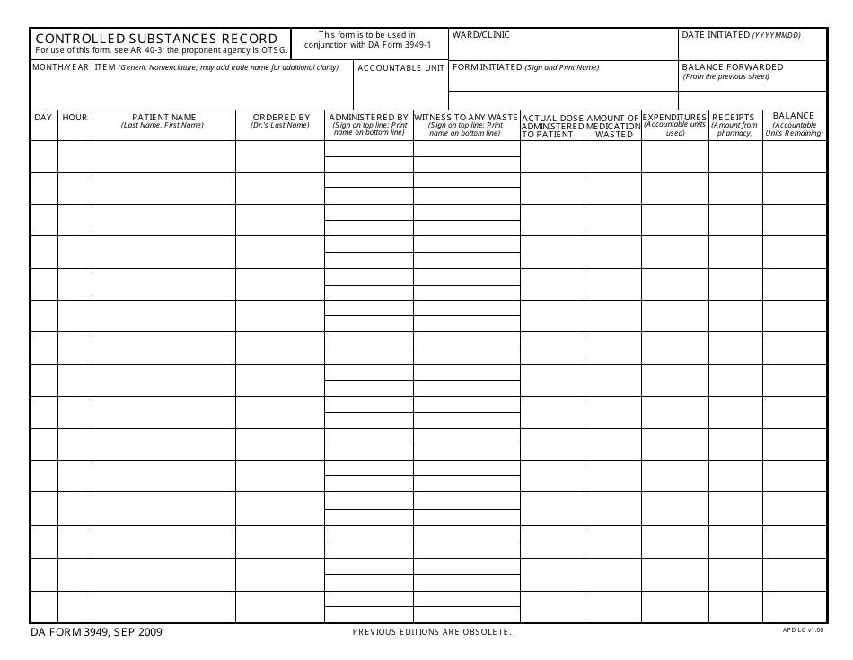DA Form 3949 Controlled Substances Record, Page 1