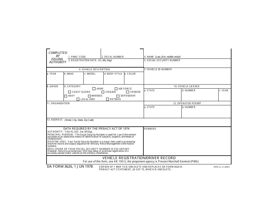 DA Form 3626 Vehicle Registration / Driver Record, Page 1