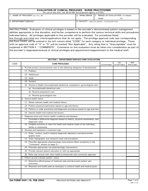 DA Form 5441-16 Evaluation of Clinical Privileges - Nurse Practitioner