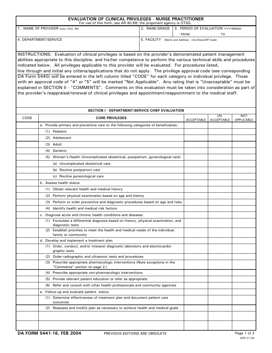 DA Form 5441-16 Evaluation of Clinical Privileges - Nurse Practitioner, Page 1